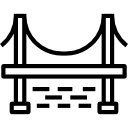 Black and white line drawing of a suspension bridge over water, with cables and supports visible.