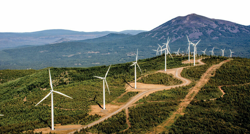 A row of wind turbines stands on a hilly, forested landscape, with a winding dirt road and a mountain visible in the background.