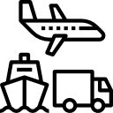 Outline icons of an airplane, a cargo ship, and a delivery truck illustrating different modes of transportation and shipping logistics.